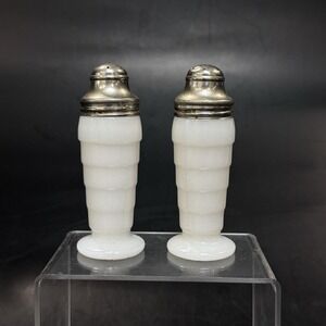 Vintage 30s Hazel Atlas Milk Glass Horizontal Ribbed White Salt & Pepper Shakers